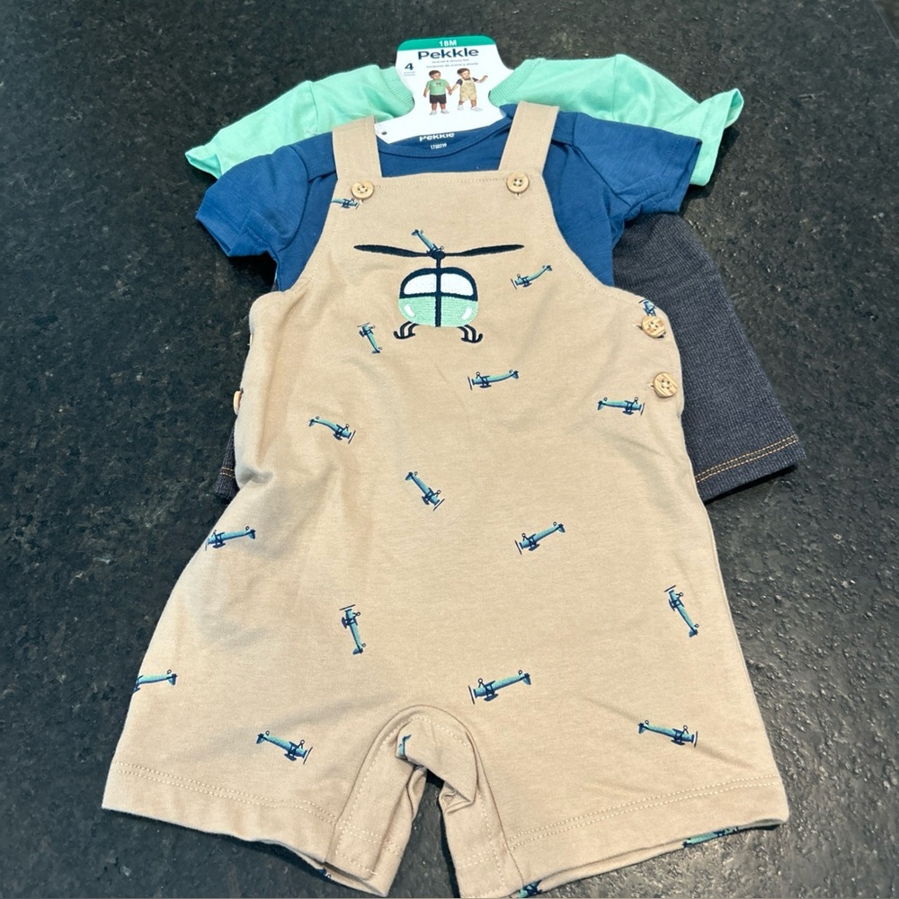 Pekkle 4 Piece Overall and Shorts Set - Overall,  Helicopter/Airplane-NWT- 18 M